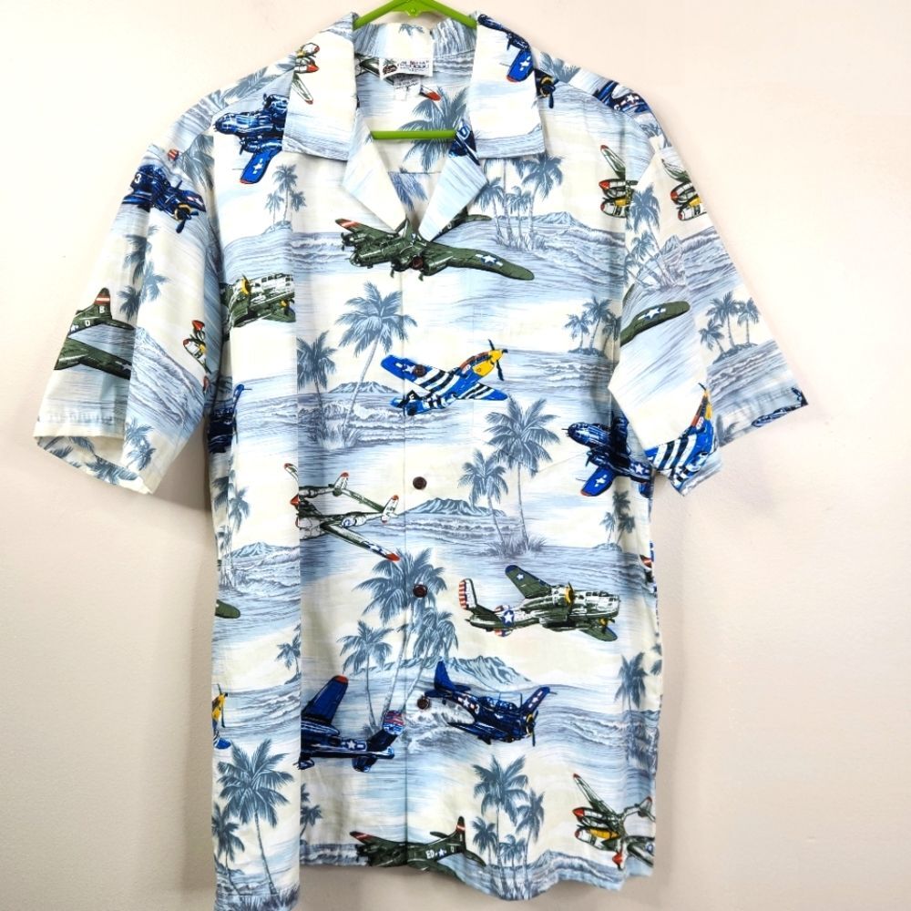 Vintage Aloha Republic Short Sleeve War Plane Print Hawaiian Shirt Large